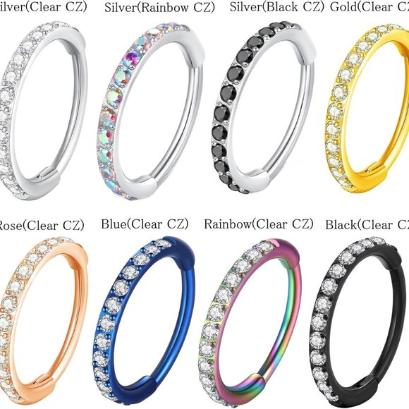 Nose Ring Hoop 8mm Silver Surgical Steel with Cubic Zirconia for Men Women - Picture 5 of 7